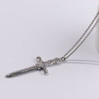 Vintage Sterling Silver Sword Cross Sacred Necklace with Medieval Etchings