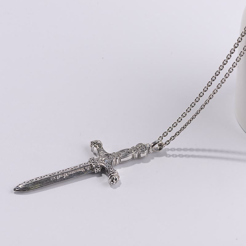 Vintage Sterling Silver Sword Cross Sacred Necklace with Medieval Etchings