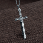 Vintage Sterling Silver Sword Cross Sacred Necklace with Medieval Etchings
