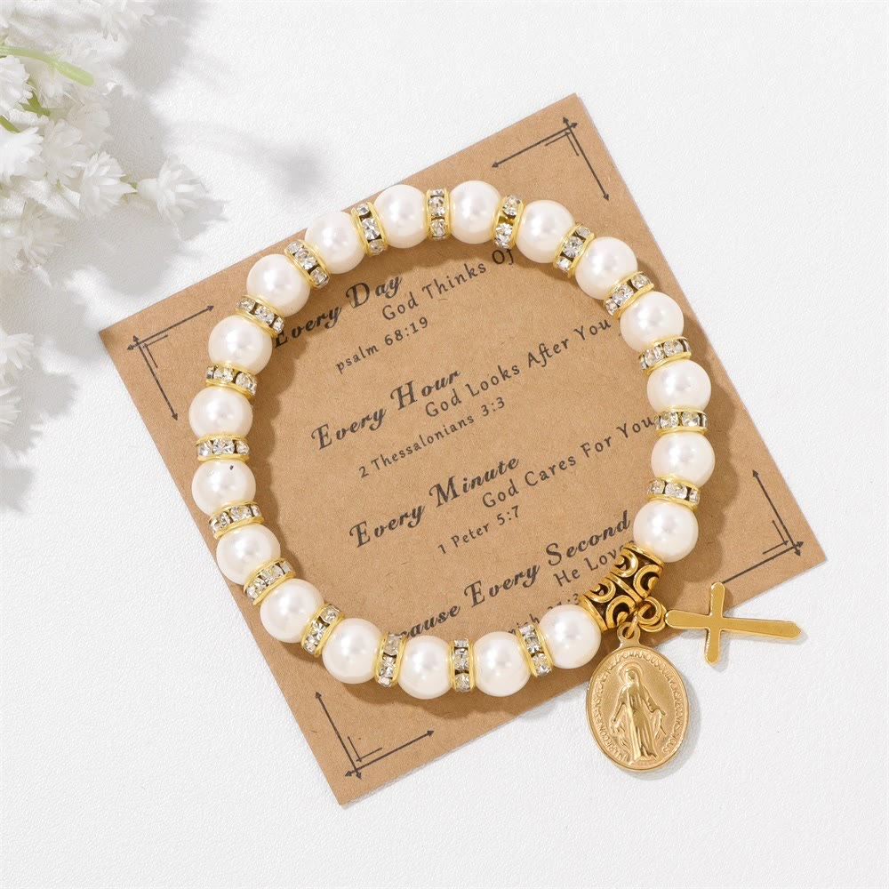 FE CATÓLICA: Elegante Pulsera Blanca de la Medalla Milagrosa con Tarjeta de Versículo Bíblico