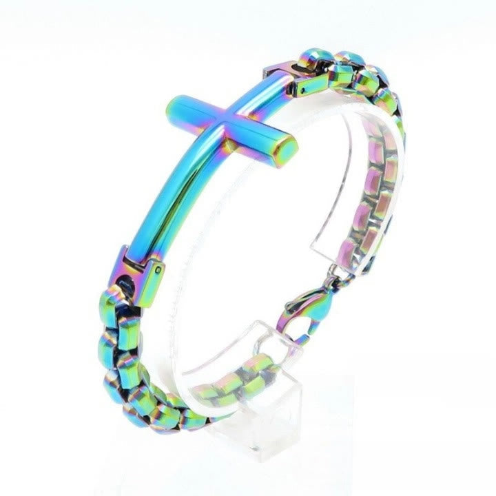 Pulsera con Cruz Minimalista Multicolor de Líneas Estilizadas y Alma Fiel