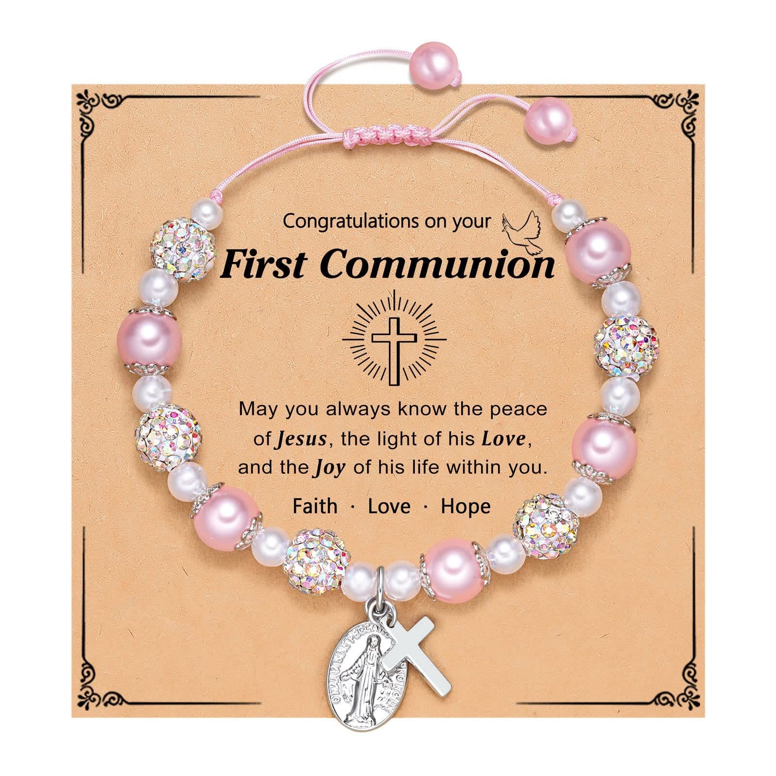 FE CATÓLICA: Pulsera de regalo de Primera Comunión con Cruz y Tarjeta de Bendición