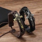 Pulsera Ajustable de Cuero Marrón o Negro Estilo Clásico con Crucifijo