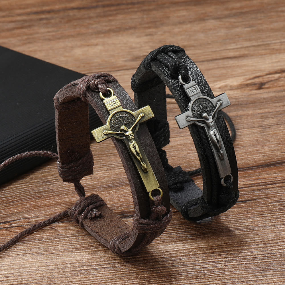 Pulsera Ajustable de Cuero Marrón o Negro Estilo Clásico con Crucifijo