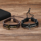 Pulsera Ajustable de Cuero Marrón o Negro Estilo Clásico con Crucifijo