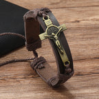 Pulsera Ajustable de Cuero Marrón o Negro Estilo Clásico con Crucifijo