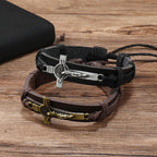 Pulsera Ajustable de Cuero Marrón o Negro Estilo Clásico con Crucifijo