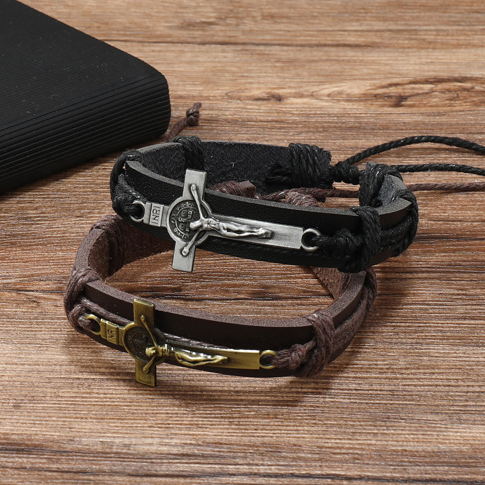 Pulsera Ajustable de Cuero Marrón o Negro Estilo Clásico con Crucifijo