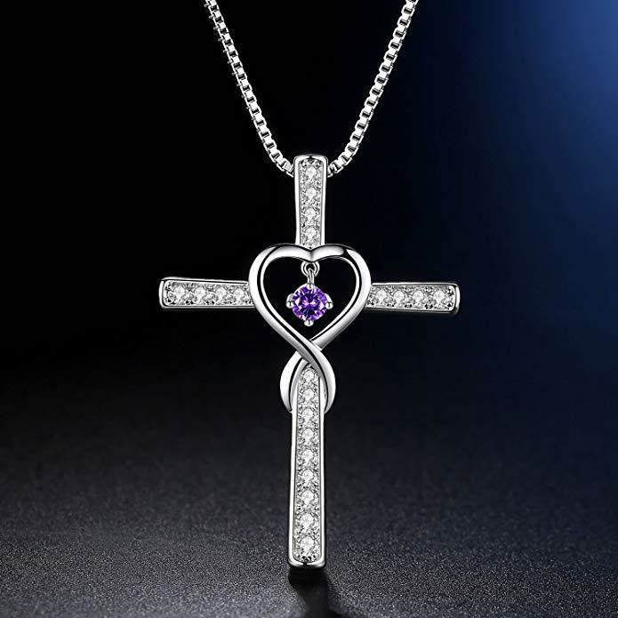 Collar Cruz de Piedra de Nacimiento de 12 Meses con Diseño de Corazón y Acentos Brillantes