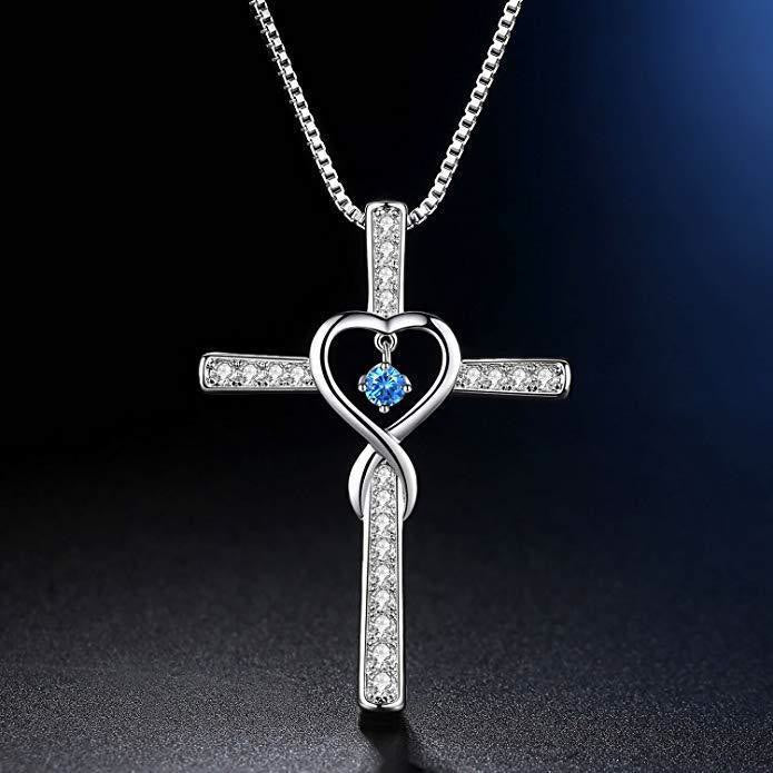 Collar Cruz de Piedra de Nacimiento de 12 Meses con Diseño de Corazón y Acentos Brillantes