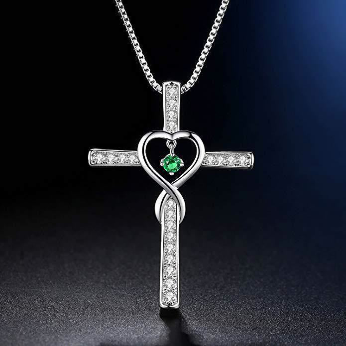 Collar Cruz de Piedra de Nacimiento de 12 Meses con Diseño de Corazón y Acentos Brillantes