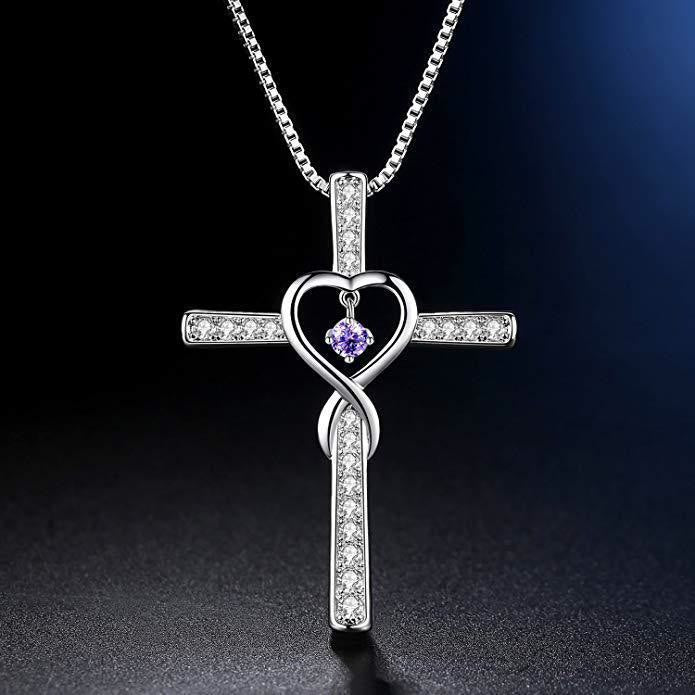Collar Cruz de Piedra de Nacimiento de 12 Meses con Diseño de Corazón y Acentos Brillantes