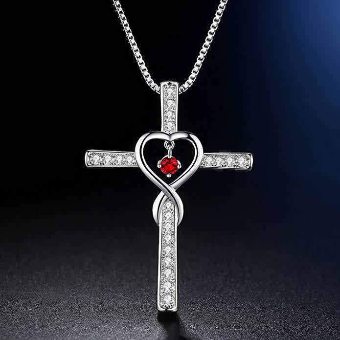 Collar Cruz de Piedra de Nacimiento de 12 Meses con Diseño de Corazón y Acentos Brillantes