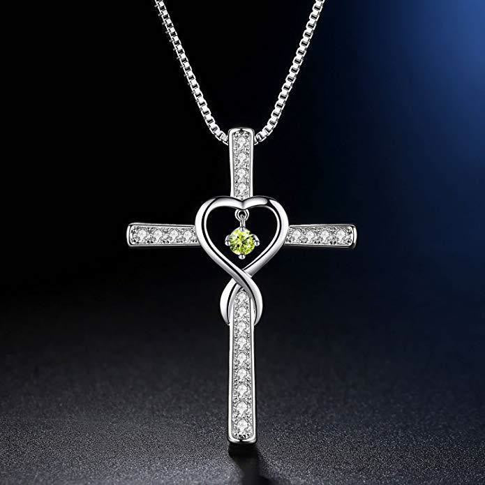 Collar Cruz de Piedra de Nacimiento de 12 Meses con Diseño de Corazón y Acentos Brillantes