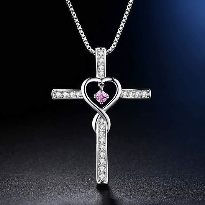 Collar Cruz de Piedra de Nacimiento de 12 Meses con Diseño de Corazón y Acentos Brillantes