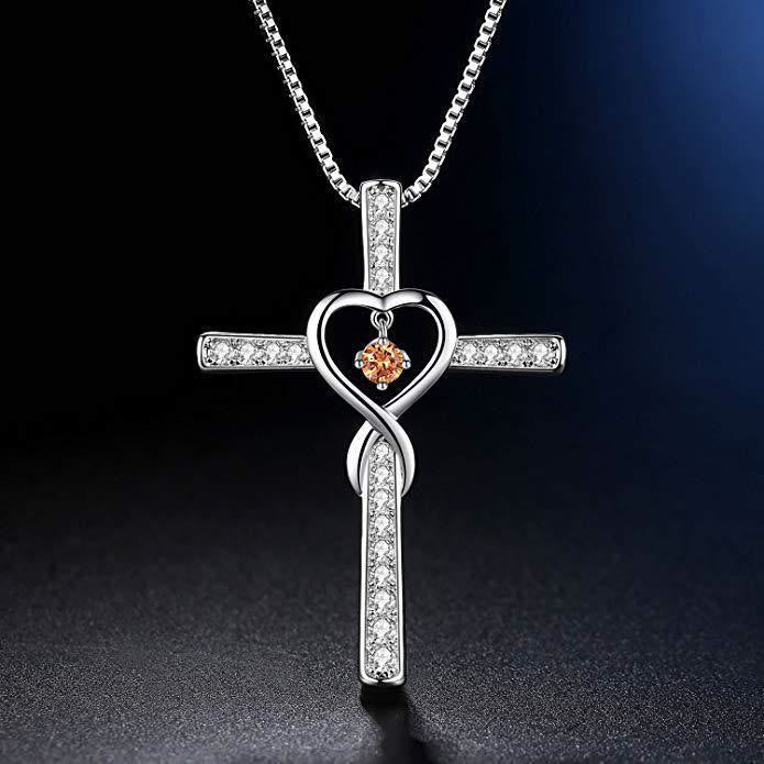 Collar Cruz de Piedra de Nacimiento de 12 Meses con Diseño de Corazón y Acentos Brillantes