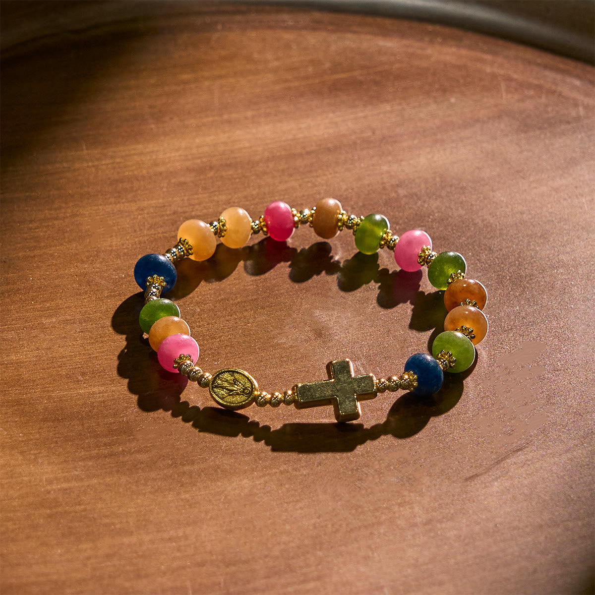 Pulsera de Cuentas de Turmalina con Cruz y Medalla Milagrosa