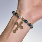 Spiritual Blue Gloss Bead Bracelets Featuring Sacred Brass Crucifix