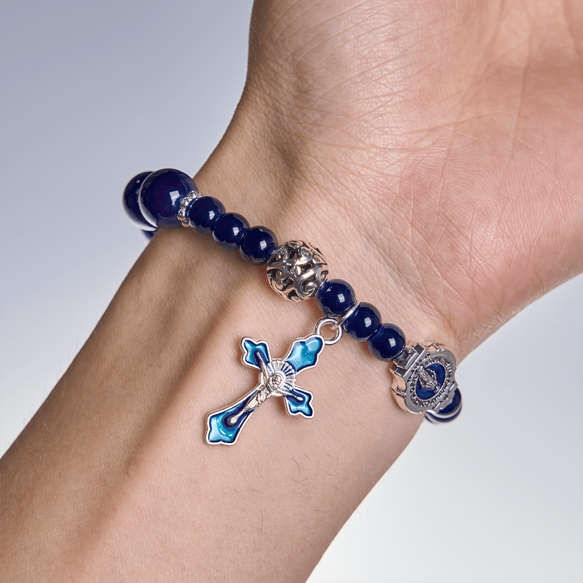 Elegantes pulseras de abalorios azul marino con crucifijo y Medalla Milagrosa