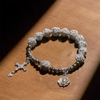 Delicate White Rose Devotional Beads Rosary and Bracelets with Virgin Mary