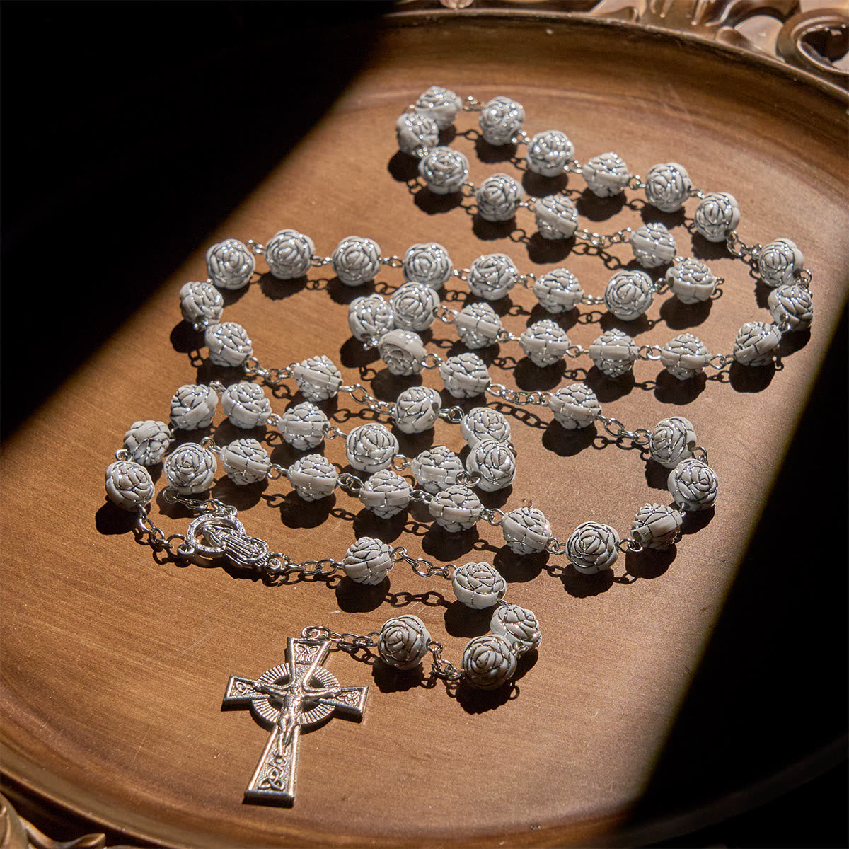 Delicate White Rose Devotional Beads Rosary and Bracelets with Virgin ...