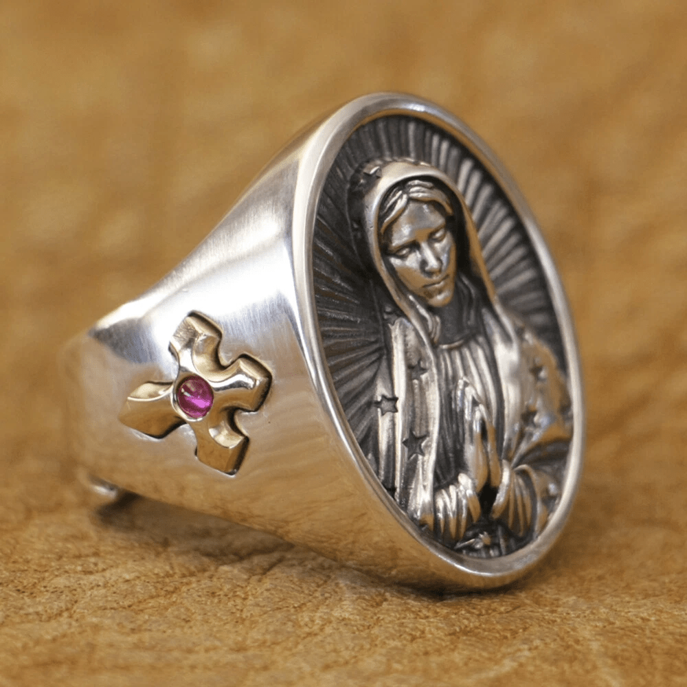 Anillo Ovalado Virgen María en Plata 925 Protección Divina y Oración