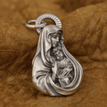 Sacred Madonna and Child Devotional Pendant Necklace in Vintage Silver