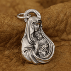 Sacred Madonna and Child Devotional Pendant Necklace in Vintage Silver