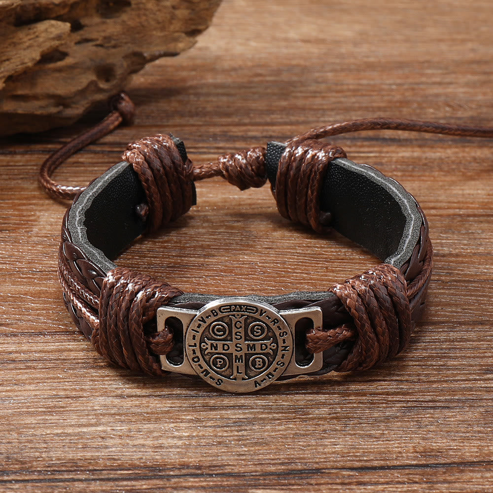 Pulsera clásica de cuero de San Benito de 2 colores: Símbolo de fe y coraje