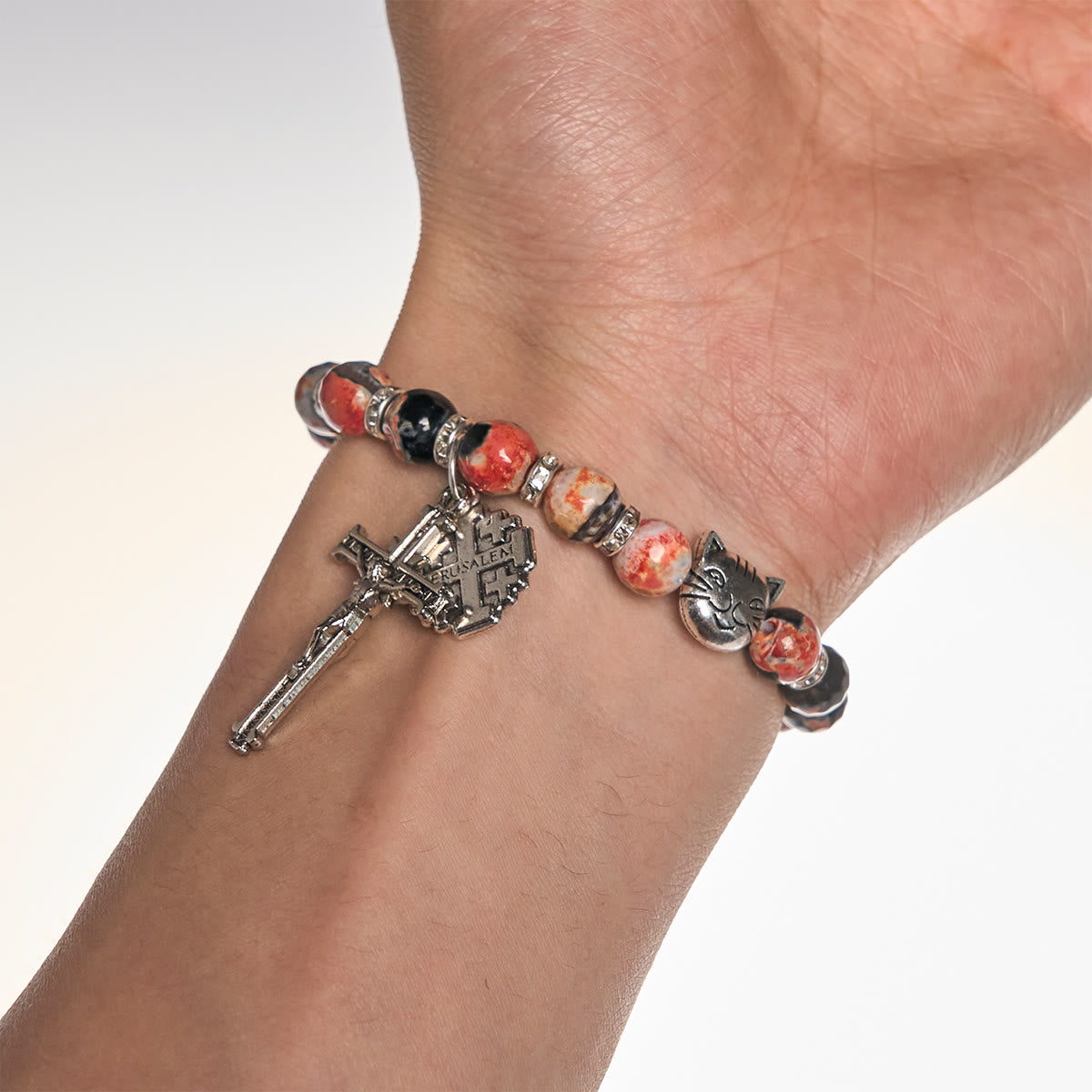 Pulsera para animales de recuerdo para mascotas de St. Benedict, con ágata veteada y gato calicó, para rezar