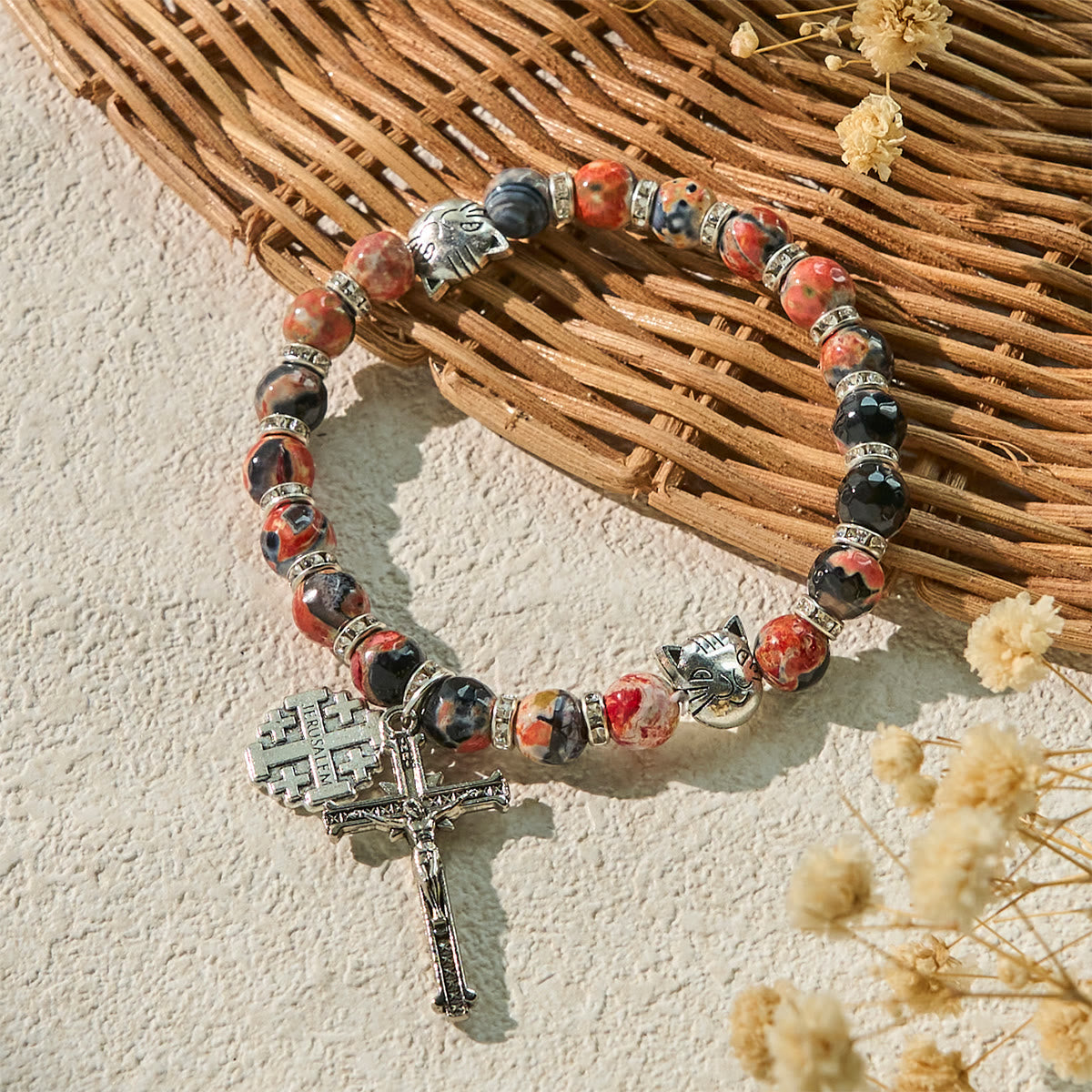 Pulsera para animales de recuerdo para mascotas de St. Benedict, con ágata veteada y gato calicó, para rezar