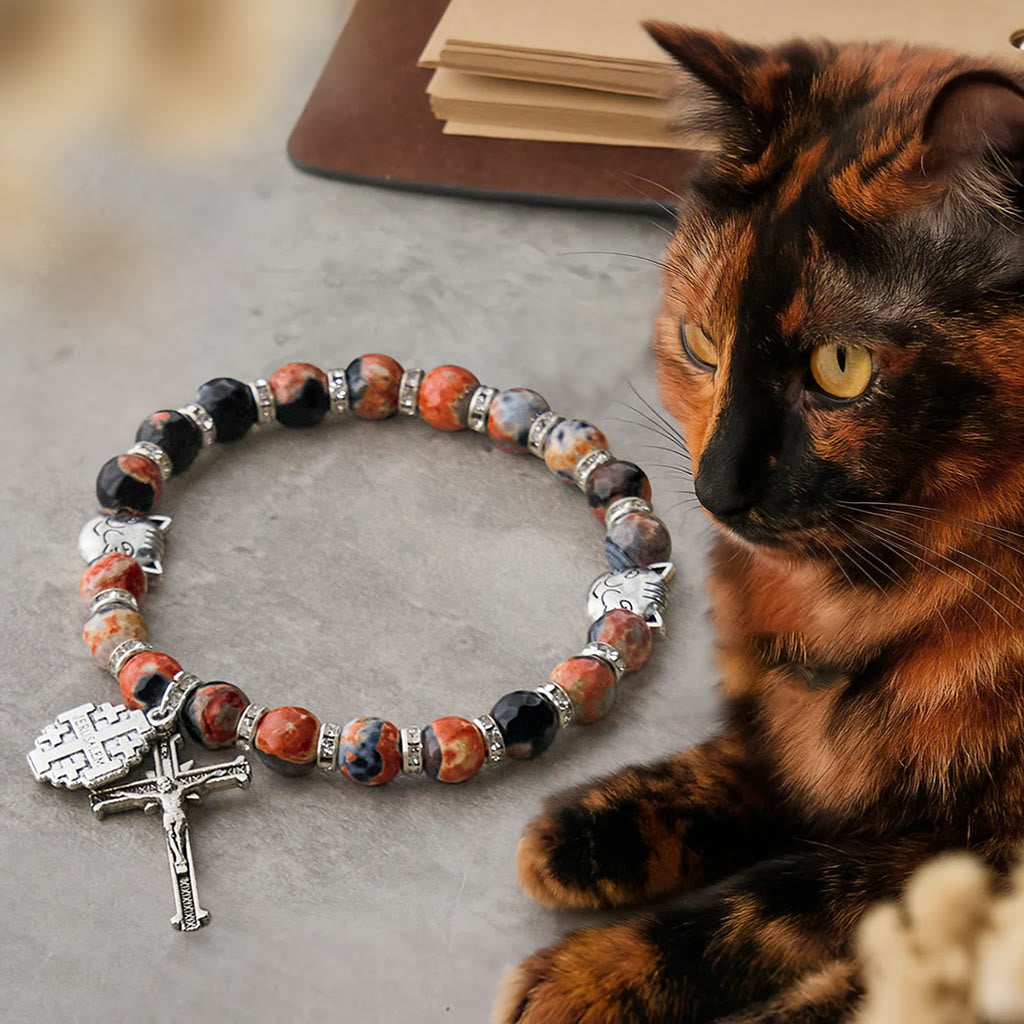 Pulsera para animales de recuerdo para mascotas de St. Benedict, con ágata veteada y gato calicó, para rezar