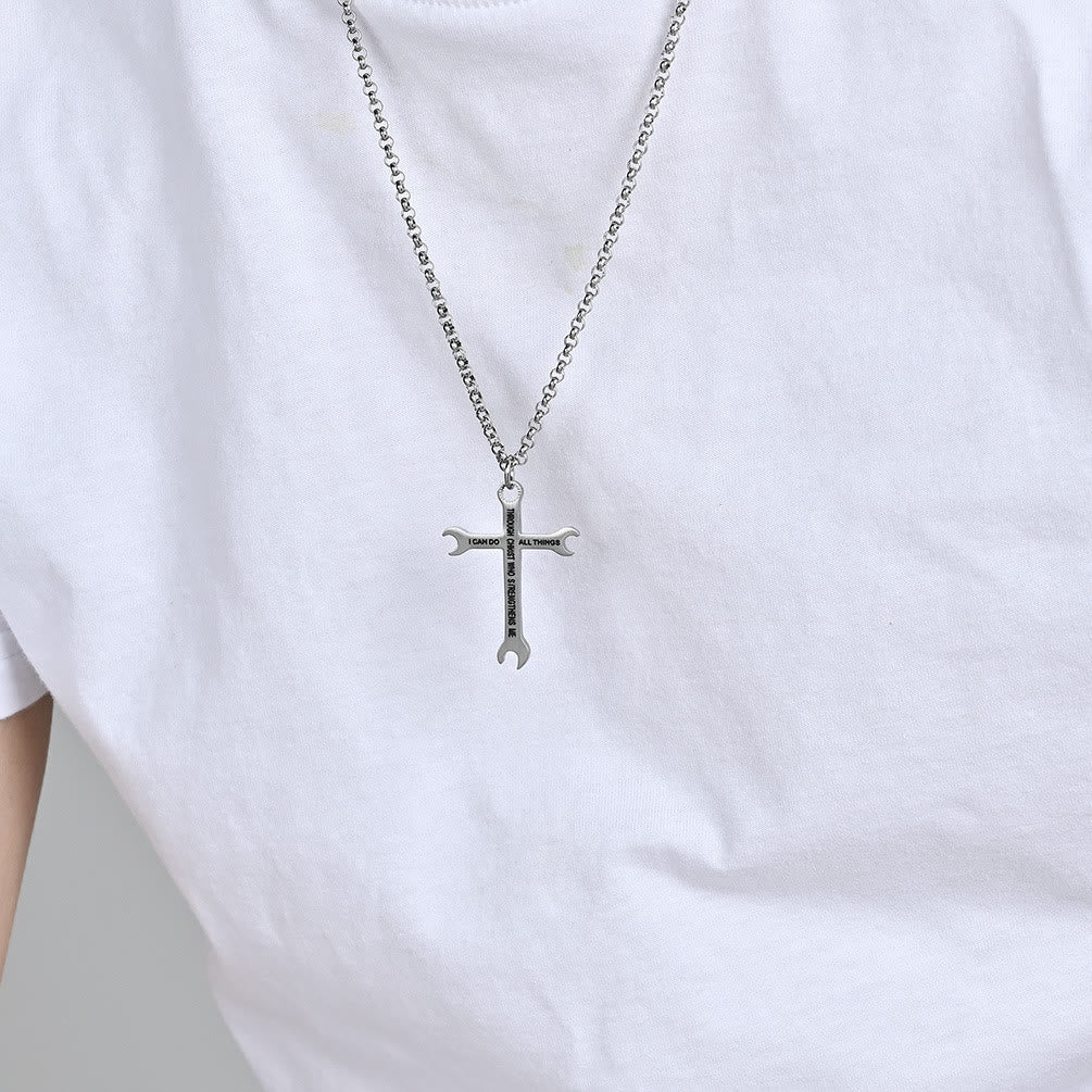 Collar Cruz Trébol Minimalista con Versículo Bíblico de Fe y Fuerza