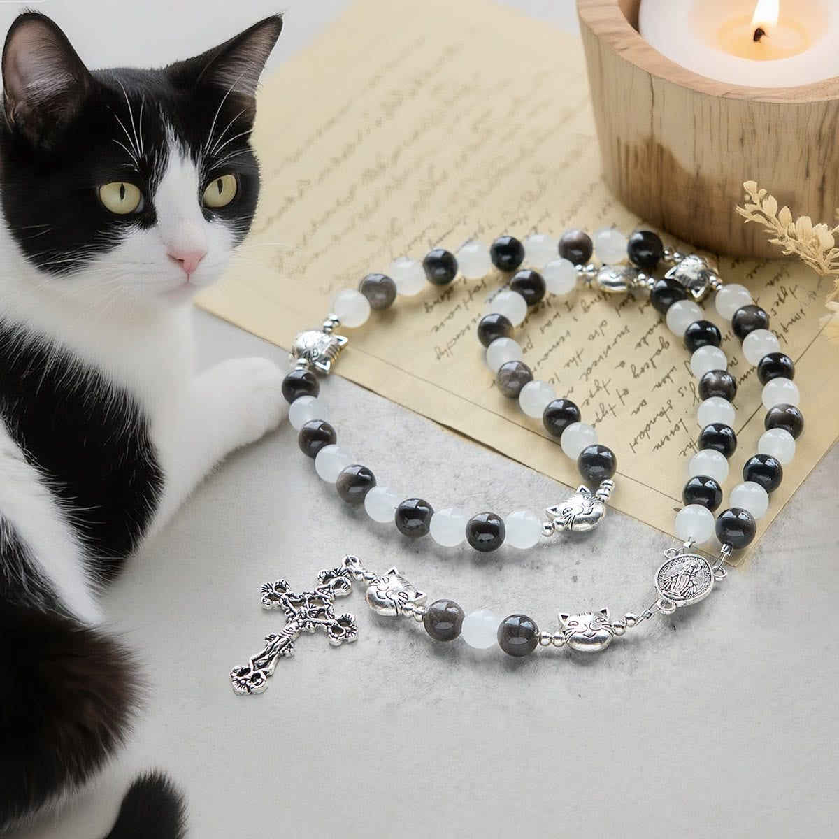 Pulsera de cuentas de gato vaca blanca y negra con la bendición de Nuestra Señora, Rosario de animales