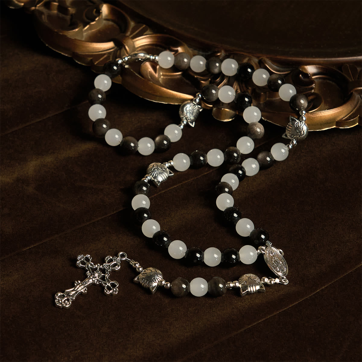 Pulsera de cuentas de gato vaca blanca y negra con la bendición de Nuestra Señora, Rosario de animales