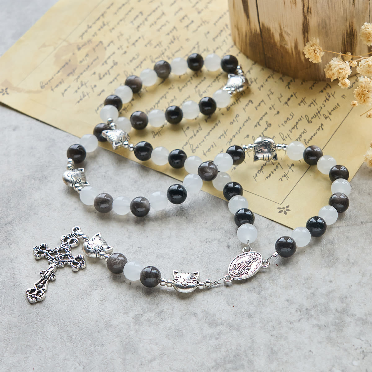 Pulsera de cuentas de gato vaca blanca y negra con la bendición de Nuestra Señora, Rosario de animales