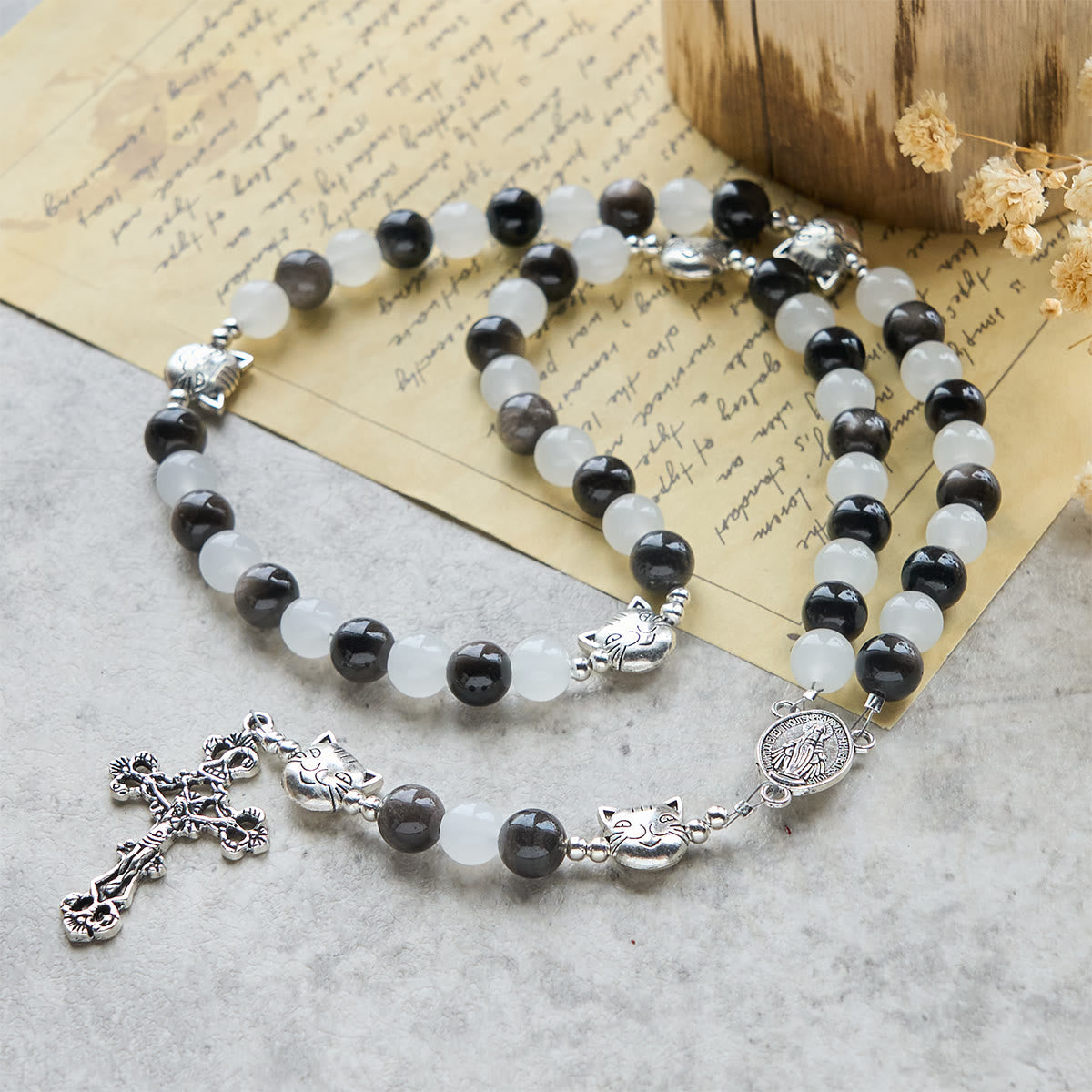 Pulsera de cuentas de gato vaca blanca y negra con la bendición de Nuestra Señora, Rosario de animales
