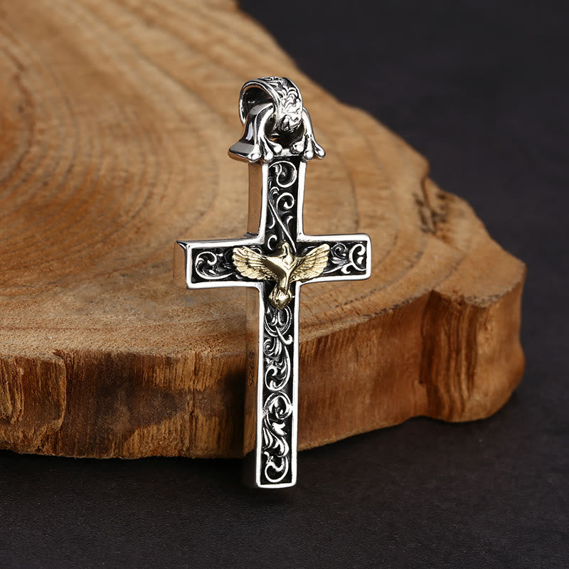 Intrincado Collar de Cruz de Plata de Ley con Paloma Dorada: Una Exquisita Fusión de Detalle y Devoción