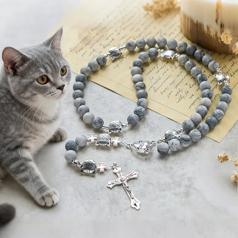 Rosario de oración para gato atigrado gris claro: Pulsera para el cuidado de gatos callejeros, Rosario de animales
