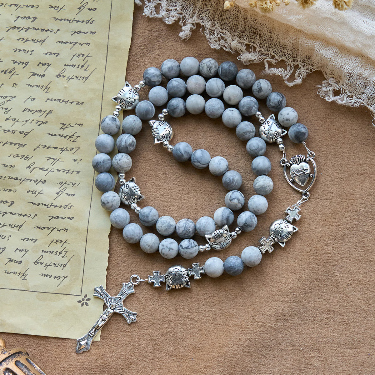 Rosario de oración para gato atigrado gris claro: Pulsera para el cuidado de gatos callejeros, Rosario de animales