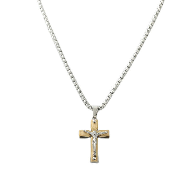 Collar de crucifijo de metal de doble tono con figura de Jesús: fusión de fe y arte