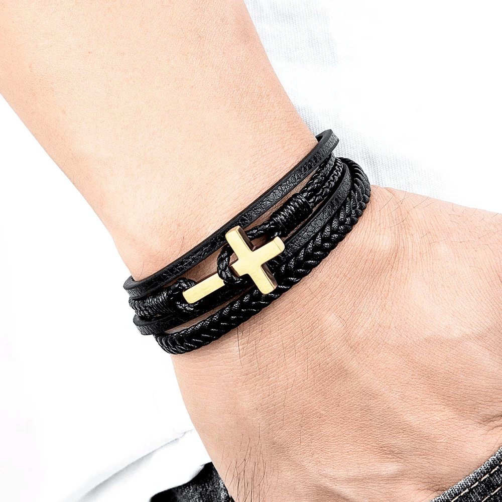 Pulsera de moda de cruz de acero inoxidable tricolor y cuero trenzado