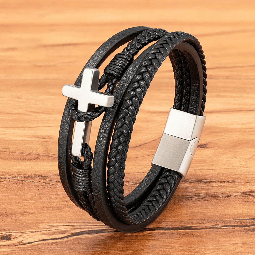 Pulsera de moda de cruz de acero inoxidable tricolor y cuero trenzado