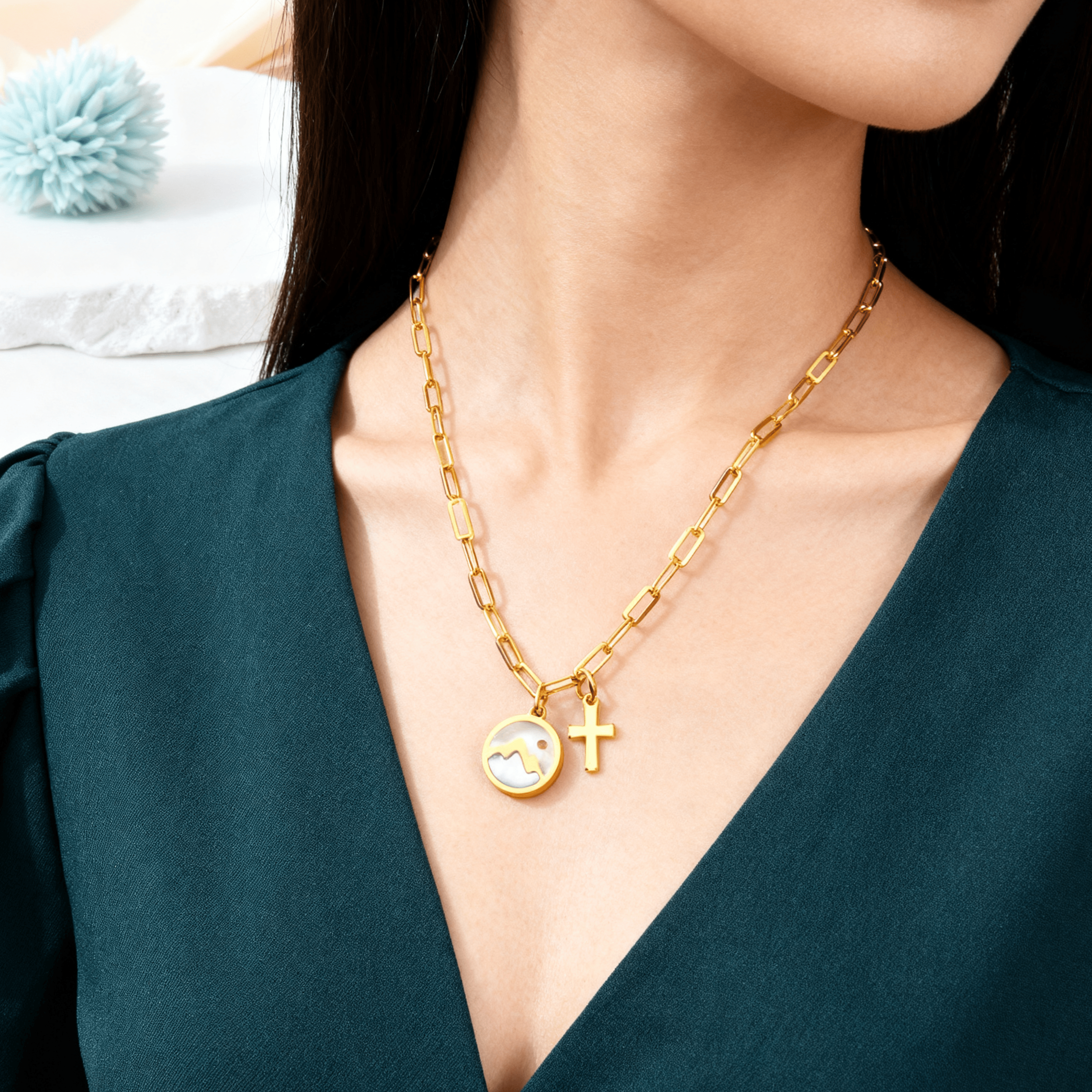 Golden Cross, Mountain & Mustard Seed Pendant Necklace: Faith Meets Nature