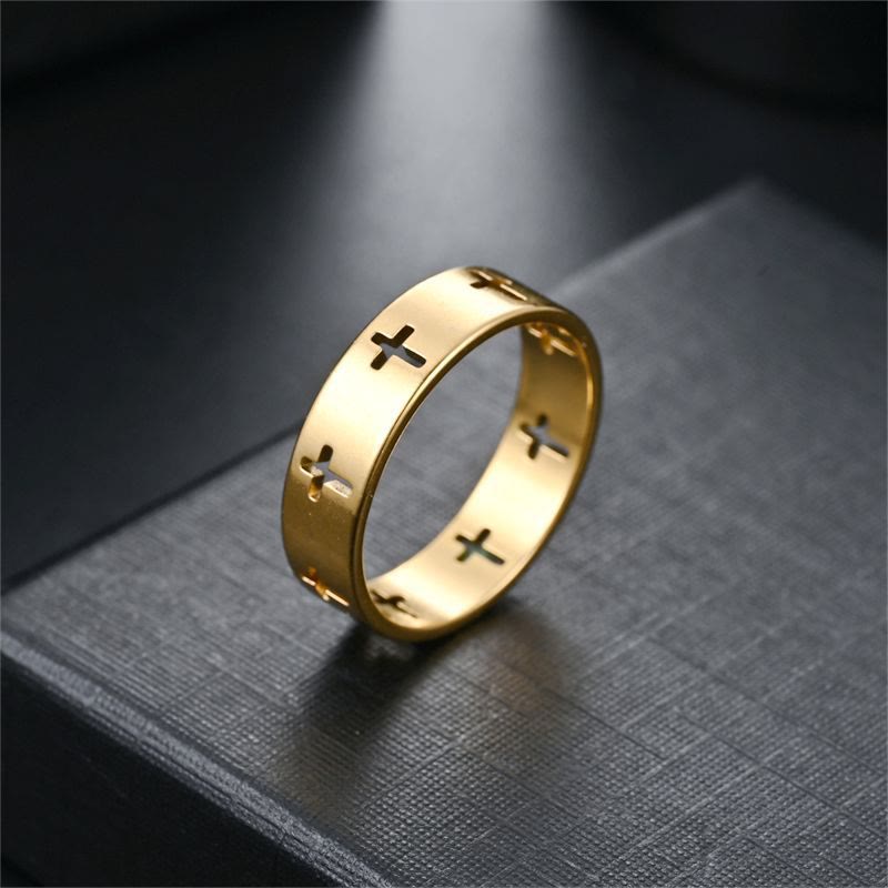 Anillo de banda con recortes en forma de cruz múltiple: Joyería de fe en acero inoxidable de dos tonos