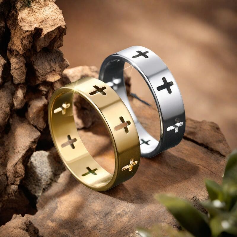 Anillo de banda con recortes en forma de cruz múltiple: Joyería de fe en acero inoxidable de dos tonos