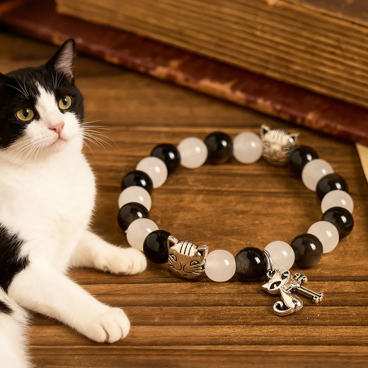 Pulsera de cuentas de gato vaca blanca y negra con la bendición de Nuestra Señora, Rosario de animales