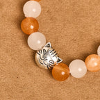 Pulsera de Animal Atigrado Naranja de Cuarzo Naranja y Blanco con Abalorios de Acero Inoxidable con Cara de Gato