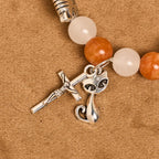 Pulsera de Animal Atigrado Naranja de Cuarzo Naranja y Blanco con Abalorios de Acero Inoxidable con Cara de Gato