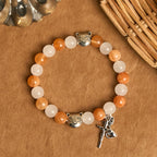 Pulsera de Animal Atigrado Naranja de Cuarzo Naranja y Blanco con Abalorios de Acero Inoxidable con Cara de Gato